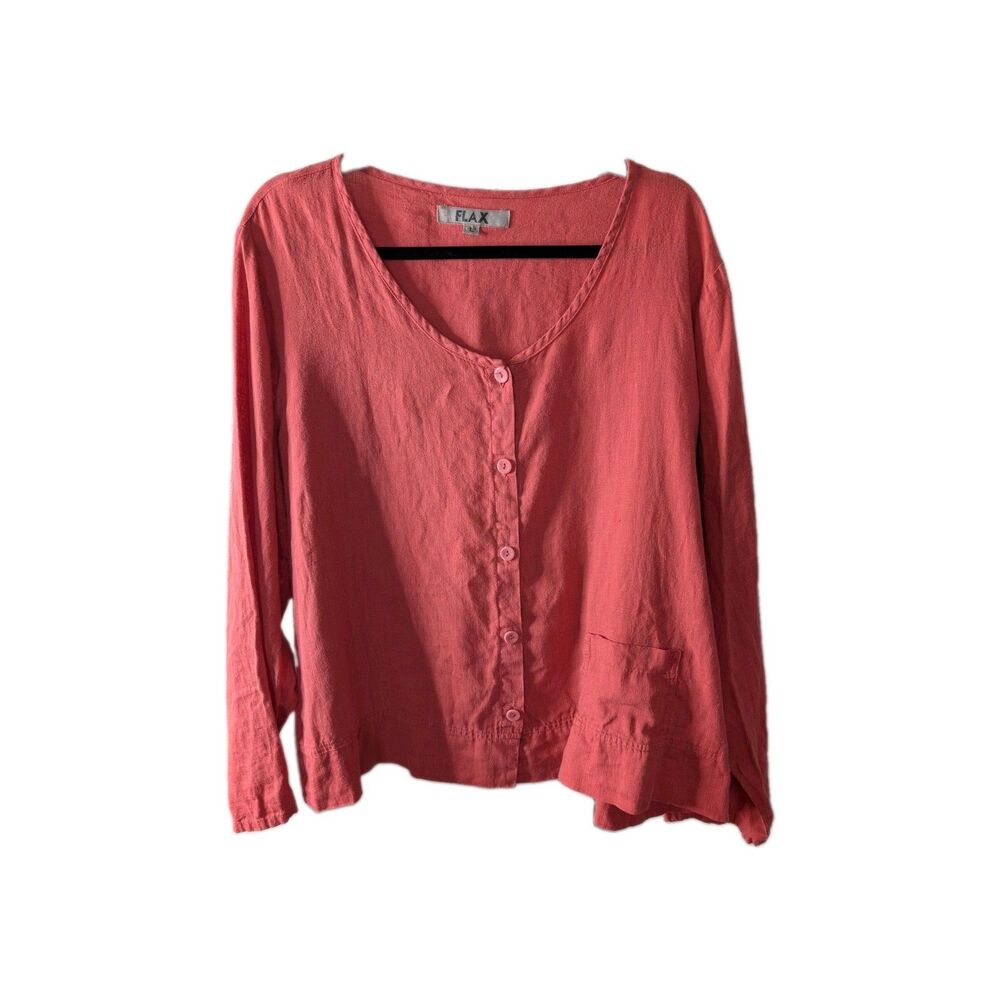 FLAX 100% Linen V-Neck Button Front Long Sleeve Blouse w/ Pockets Pink Coral L